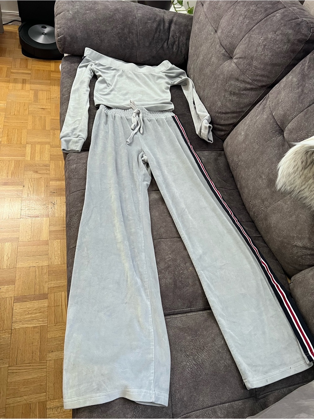 Revamped Light Gray Velour Wide-Leg Pants with Side Stripe